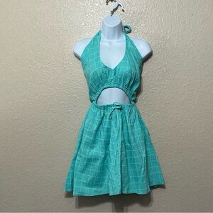 All About May Light Teal & White Halter Dress with Cutout